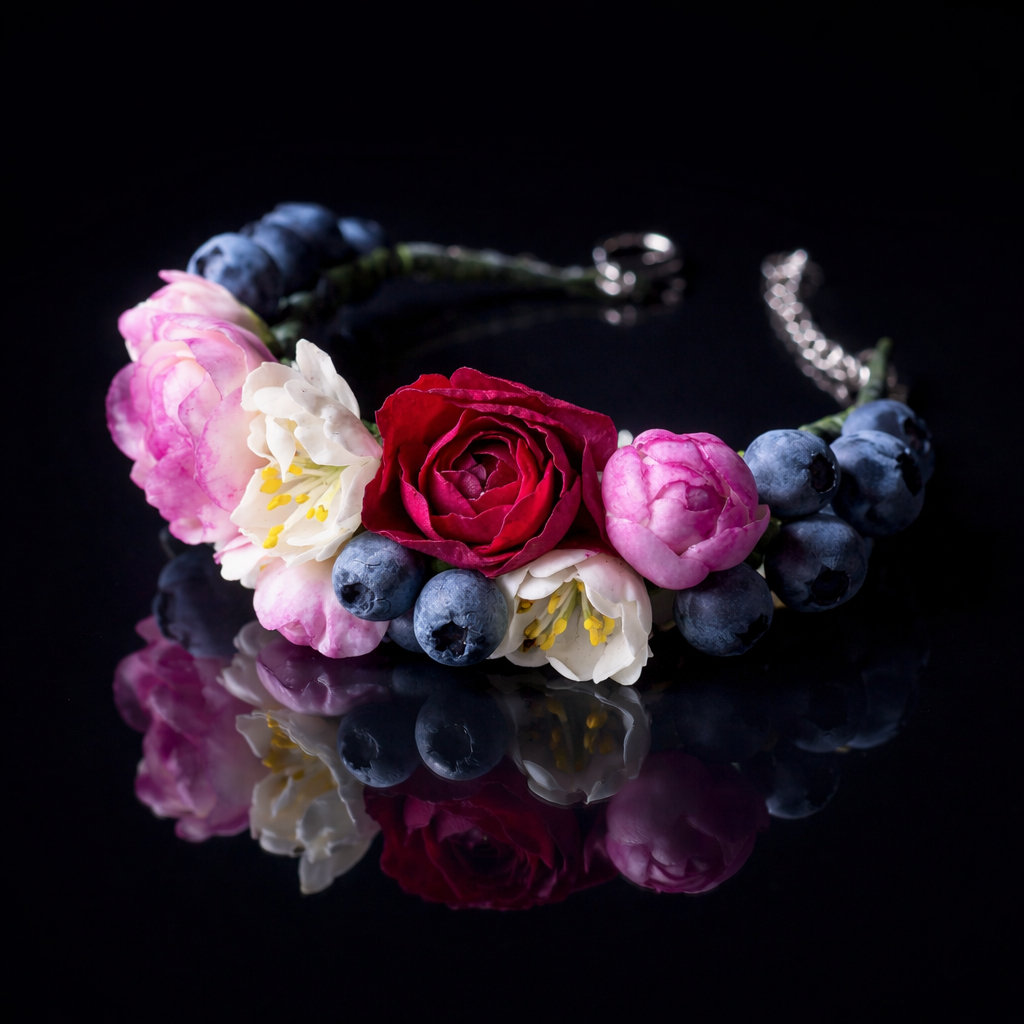 Rose, Peony & Blueberry Bracelet | Dark Floral Clay Jewelry