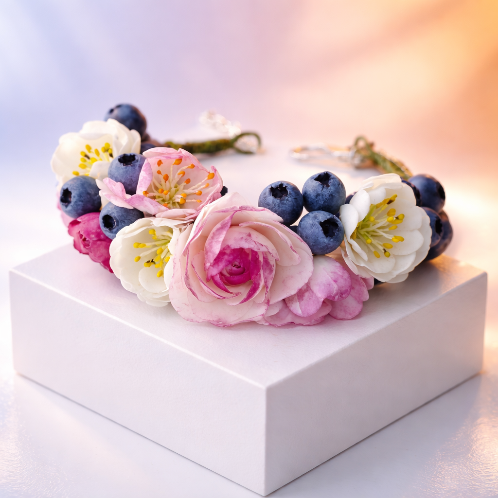 Rose, Peony & Blueberry Bracelet | Dark Floral Clay Jewelry