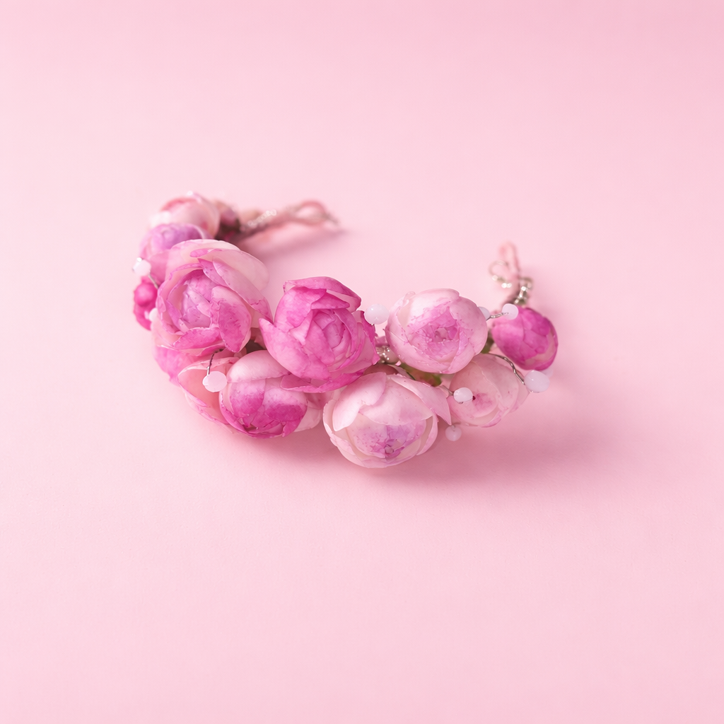 Pink Peony Bud Bracelet with Pearl Accents | Floral Clay Jewelry