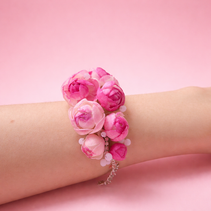 Pink Peony Bud Bracelet with Pearl Accents | Floral Clay Jewelry