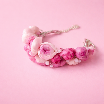 Pink Peony Bud Bracelet with Pearl Accents | Floral Clay Jewelry