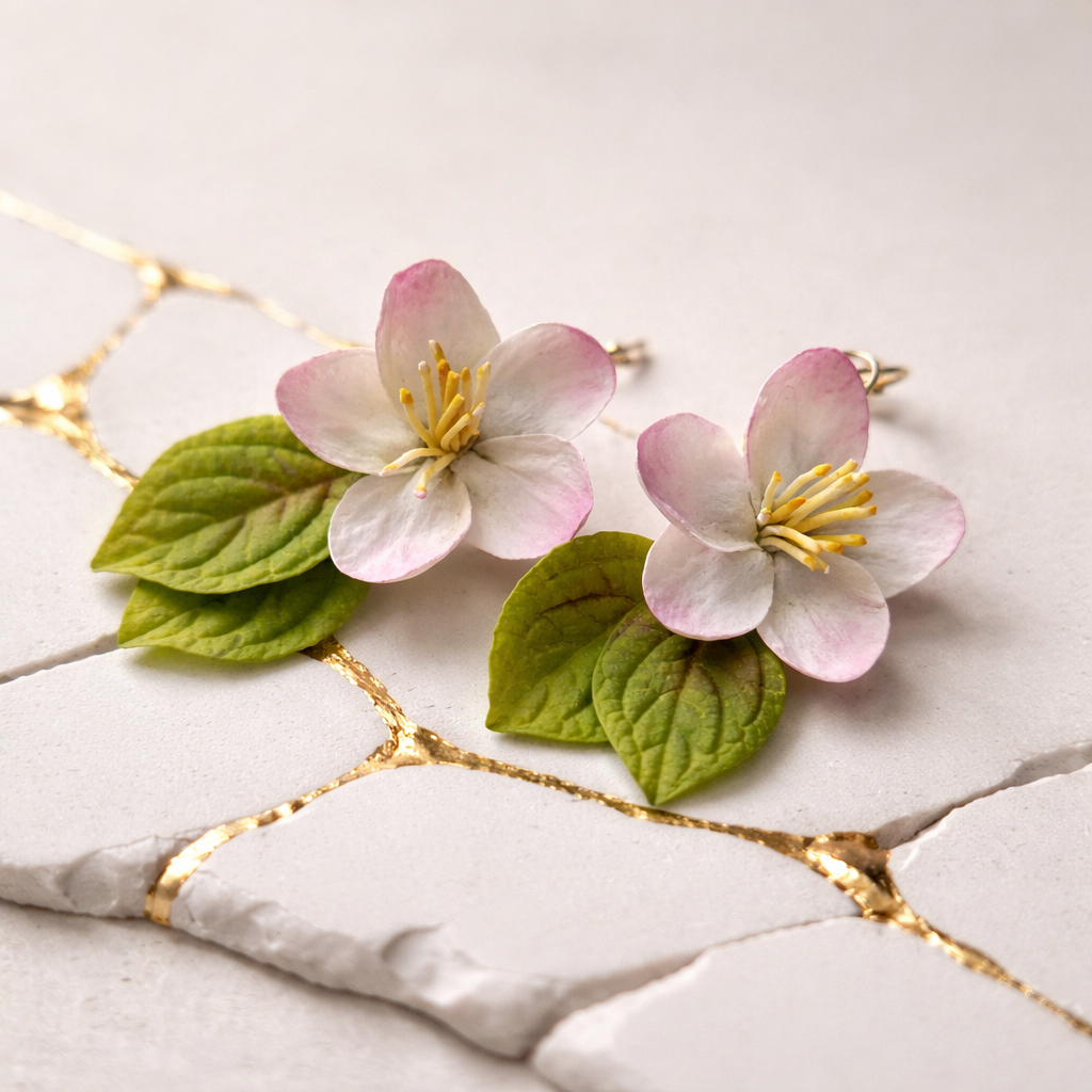 Apple Blossom Drop Earrings | White Floral Clay Jewelry with Leaves