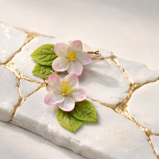 Apple Blossom Drop Earrings | White Floral Clay Jewelry with Leaves