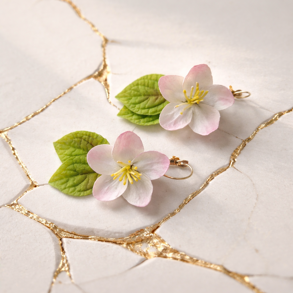 Apple Blossom Drop Earrings | White Floral Clay Jewelry with Leaves