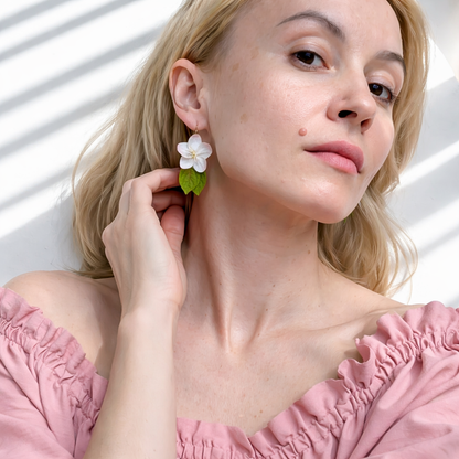 Apple Blossom Drop Earrings | White Floral Clay Jewelry with Leaves