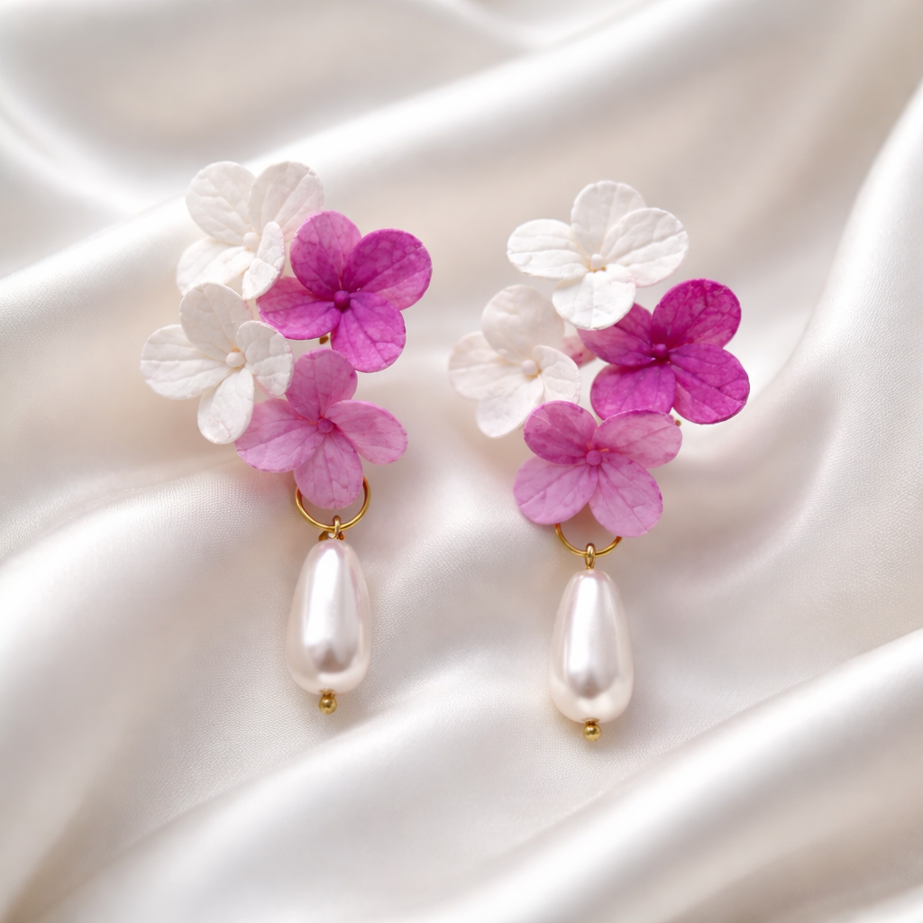 White & Magenta Hydrangea Earrings with Pearl Drop | Bridal Floral Clay Jewelry