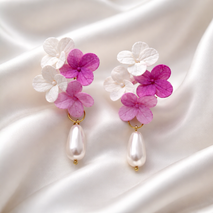 White & Magenta Hydrangea Earrings with Pearl Drop | Bridal Floral Clay Jewelry