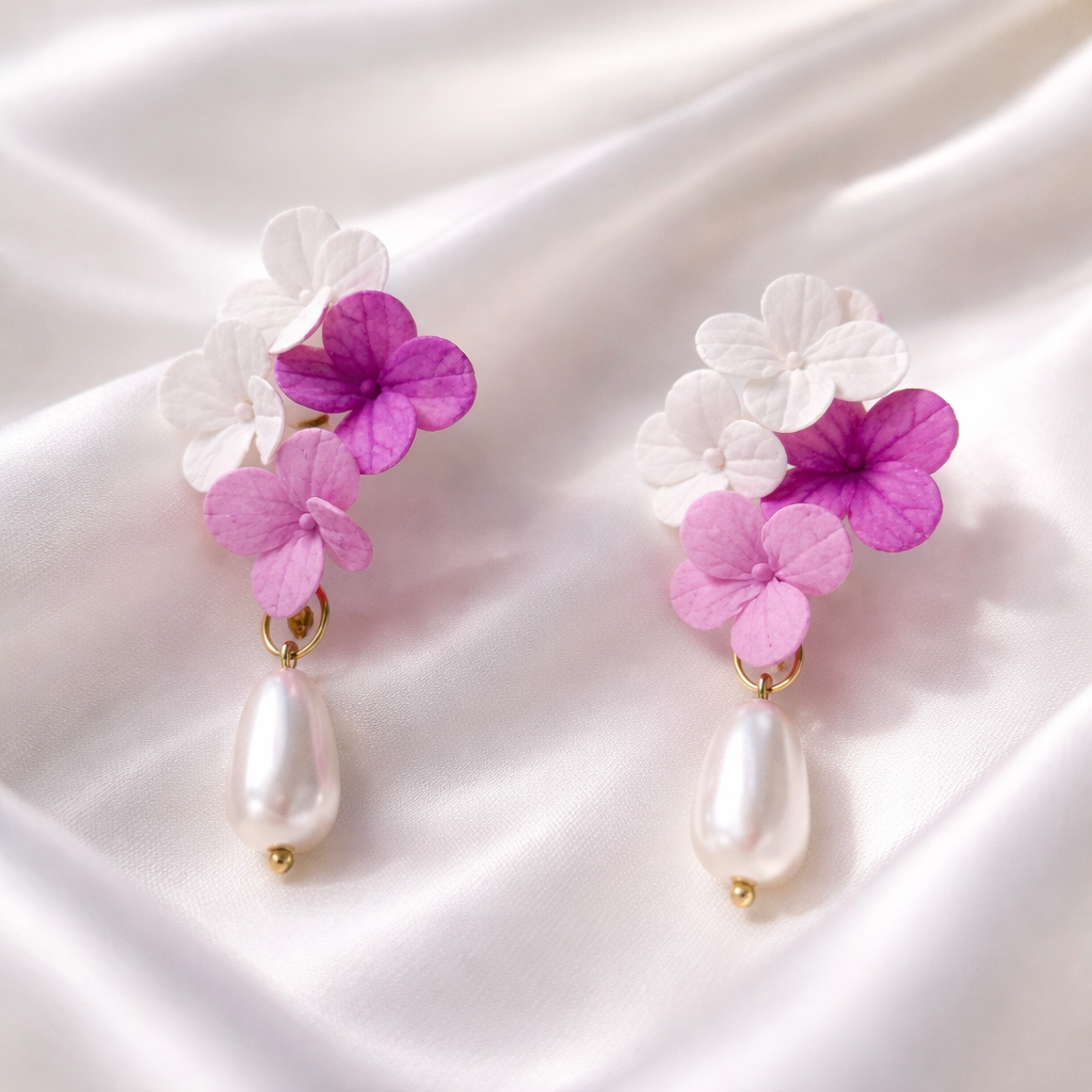 White & Magenta Hydrangea Earrings with Pearl Drop | Bridal Floral Clay Jewelry