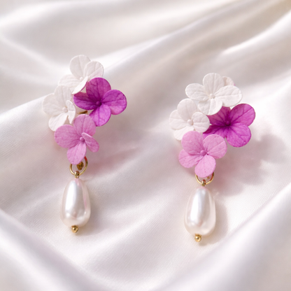White & Magenta Hydrangea Earrings with Pearl Drop | Bridal Floral Clay Jewelry