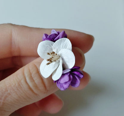 Apple Blossom & Lilac Ring | White & Purple Floral Clay Jewelry
