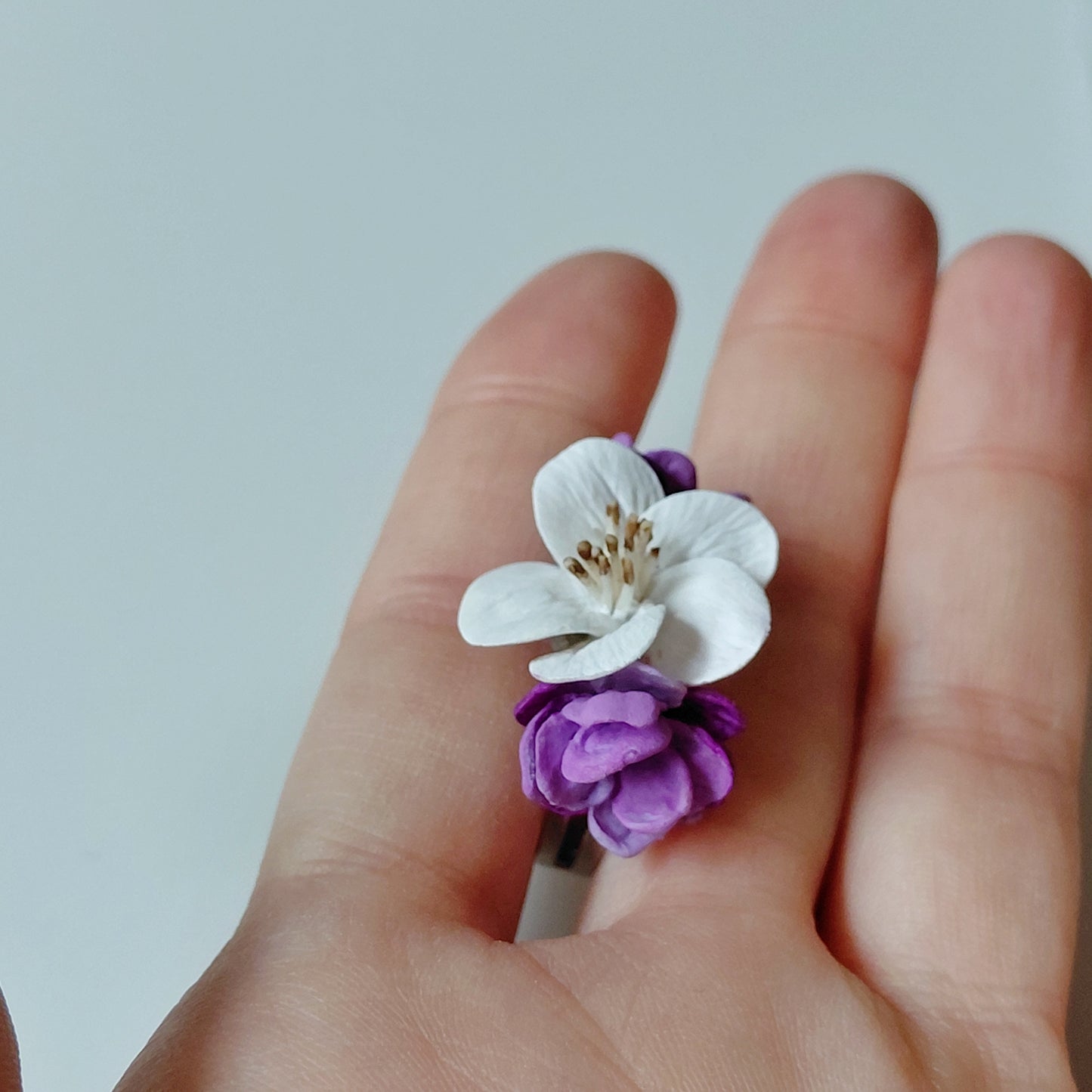 Apple Blossom & Lilac Ring | White & Purple Floral Clay Jewelry
