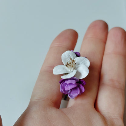 Apple Blossom & Lilac Ring | White & Purple Floral Clay Jewelry