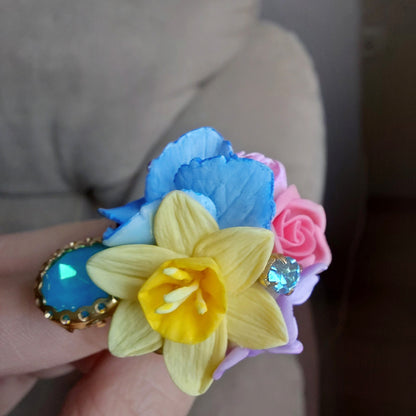 Spring Bouquet Ring | Daffodil, Rose & Hydrangea Clay Jewelry