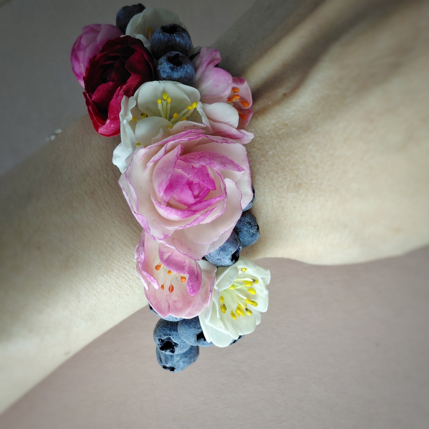 Rose, Peony & Blueberry Bracelet | Dark Floral Clay Jewelry