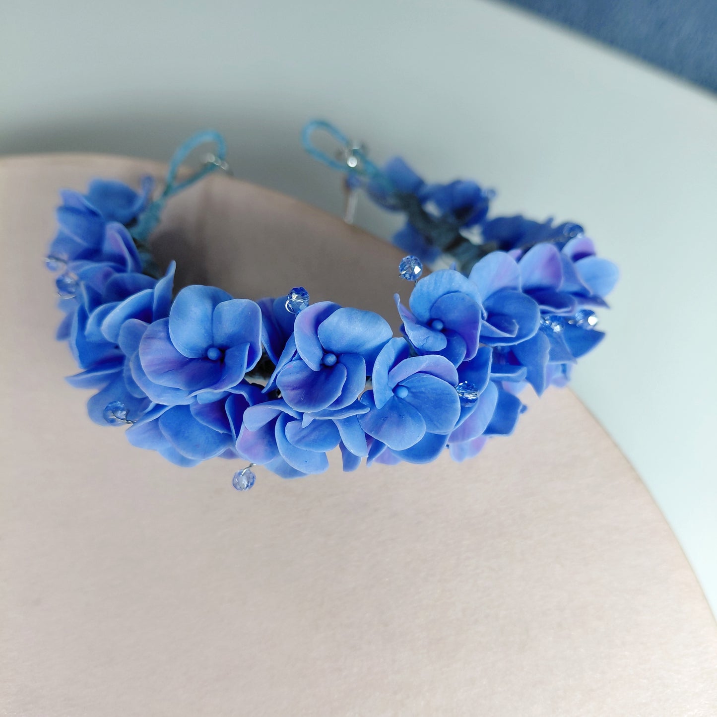Blue Hydrangea Cuff Bracelet with Crystal Drops | Floral Clay Jewelry