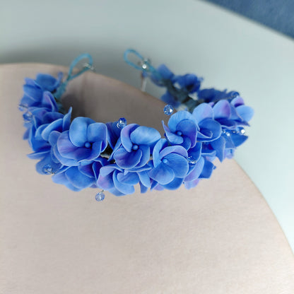 Blue Hydrangea Cuff Bracelet with Crystal Drops | Floral Clay Jewelry
