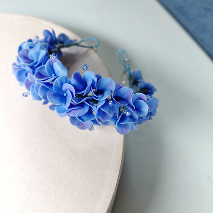 Blue Hydrangea Cuff Bracelet with Crystal Drops | Floral Clay Jewelry