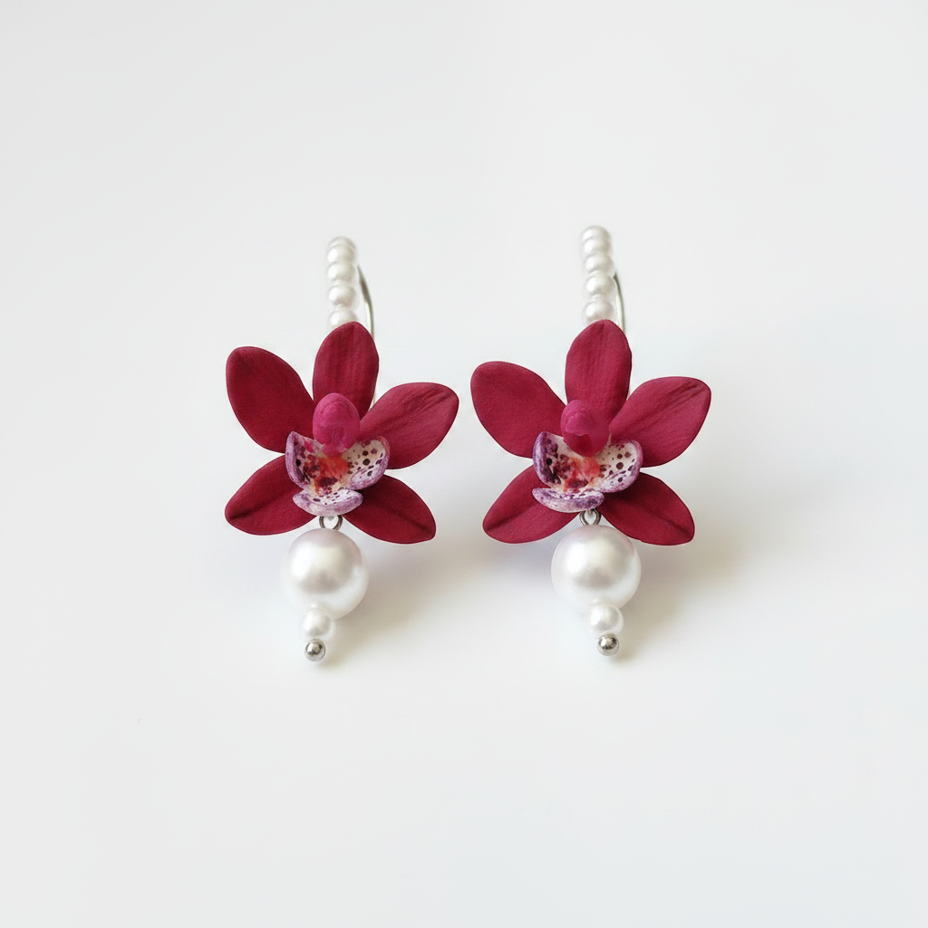Red Orchid & Pearl Drop Earrings