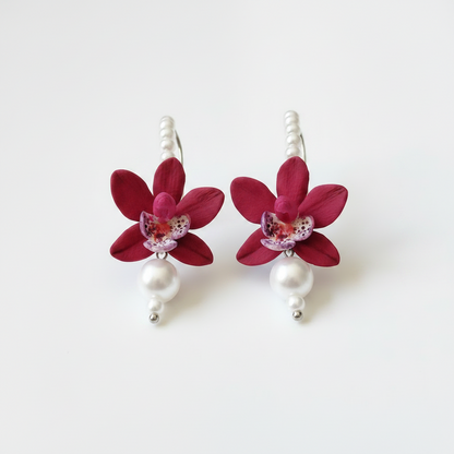 Red Orchid & Pearl Drop Earrings