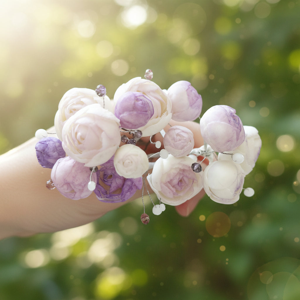 Purple & White Peony Bridal Hair Pins with Crystal Beads — Set of 5