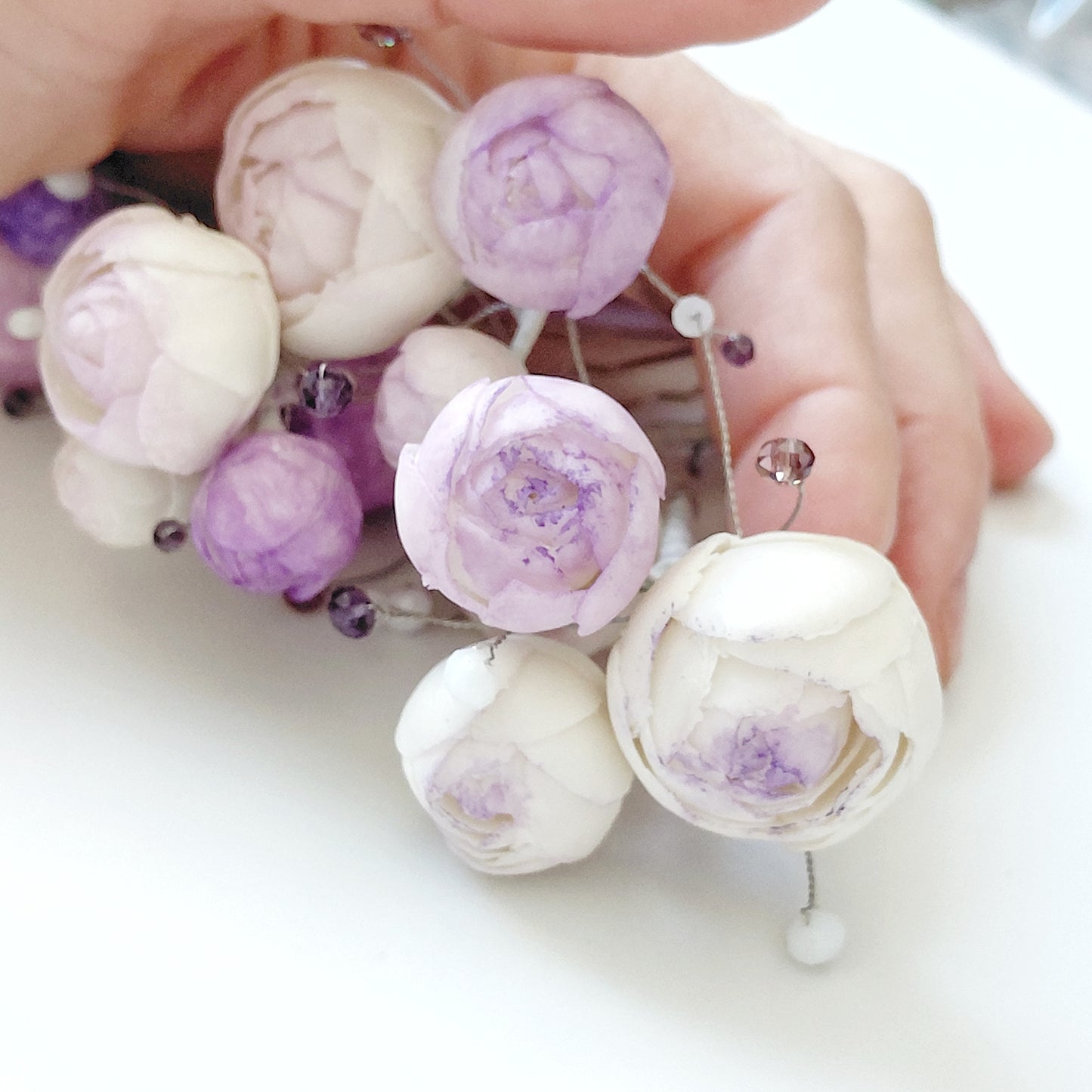 Purple & White Peony Bridal Hair Pins with Crystal Beads — Set of 5
