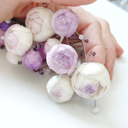 Purple & White Peony Bridal Hair Pins with Crystal Beads — Set of 5