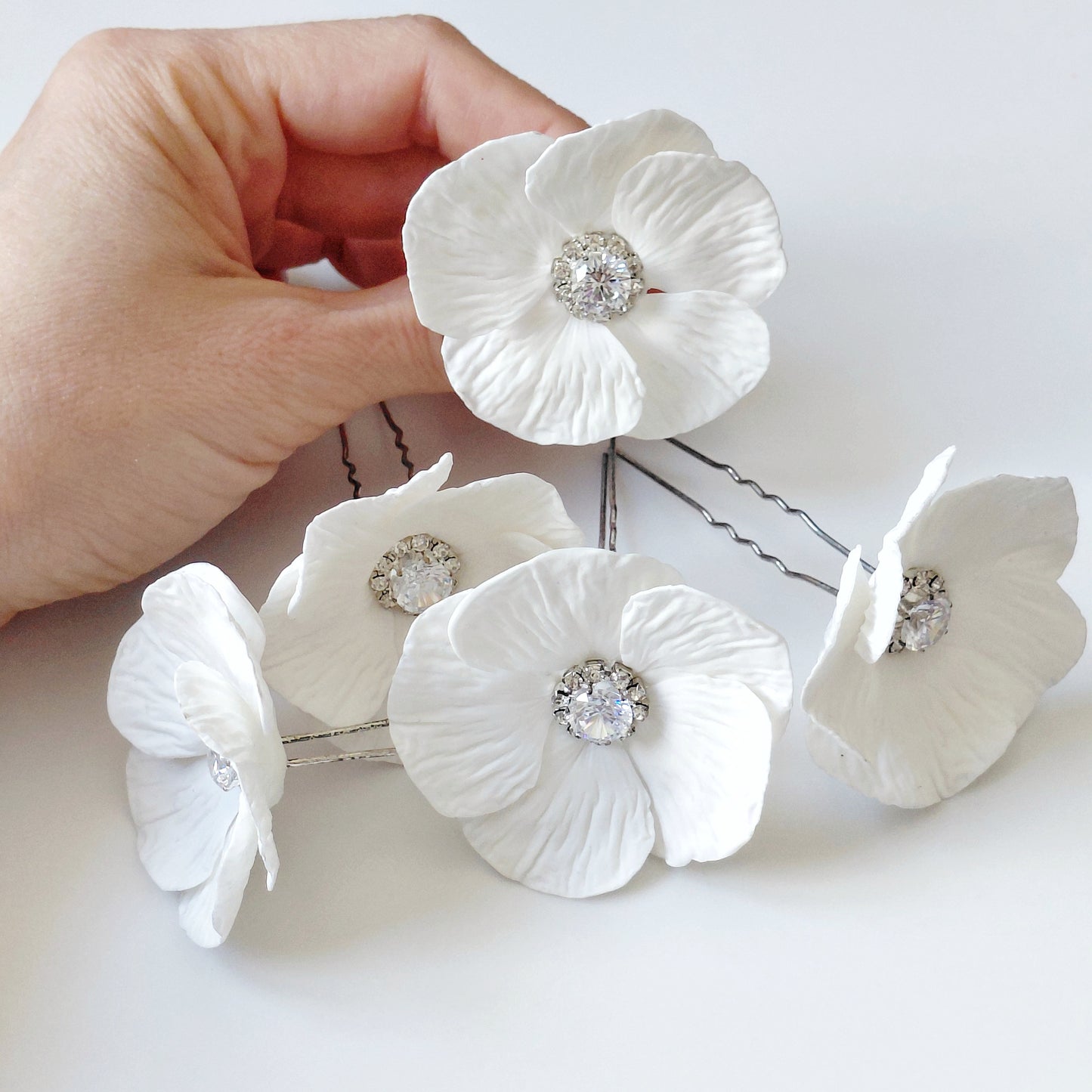White Poppy Bridal Hair Pins with Crystal Center — Set of 5