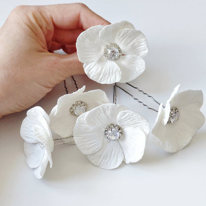 White Poppy Bridal Hair Pins with Crystal Center — Set of 5