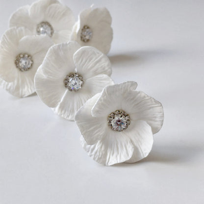White Poppy Bridal Hair Pins with Crystal Center — Set of 5