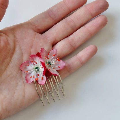 Cherry Blossom Hair Comb | Red Floral Hair Accessory