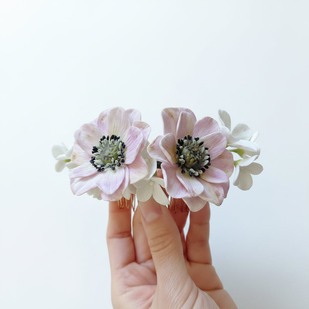 Anemone Pink & White Blossom Bridal Hair Comb