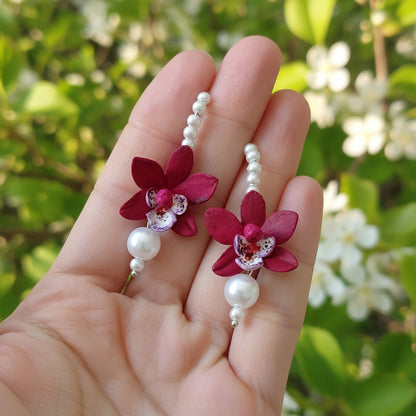 Red Orchid & Pearl Drop Earrings