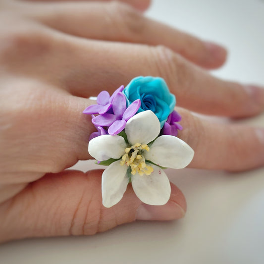 Blossom Garden Ring, Apple blossom ring, Clay flowers jewelry