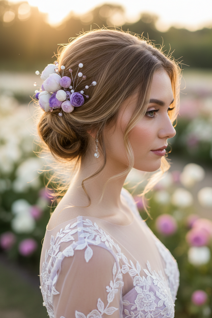 Purple & White Peony Bridal Hair Pins with Crystal Beads — Set of 5